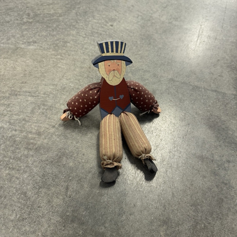 Vintage 1992 Dougherty Uncle Sam Folk Art Wood Fabric Patriotic Doll